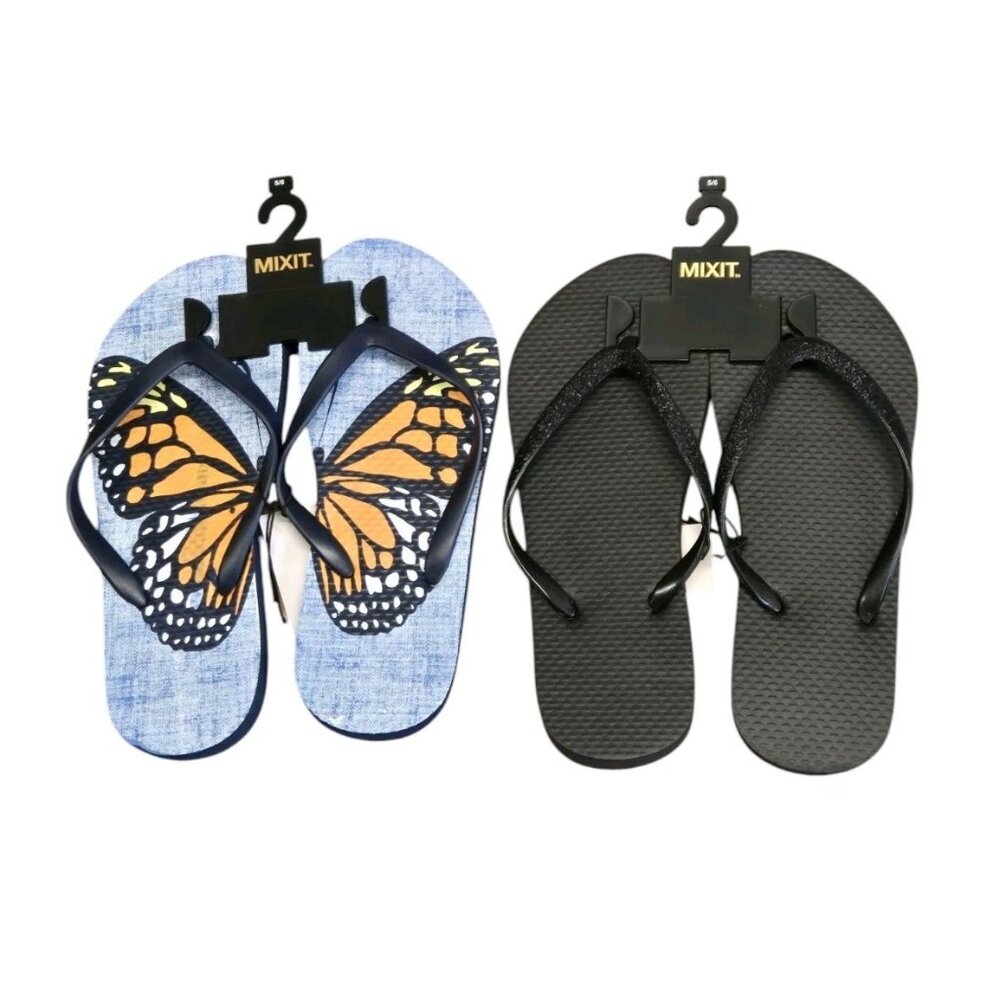 Lot Of 2 Pairs Mixit Flip Flops Womens  5/6 Blue Butterfly Black Glitter Sandals